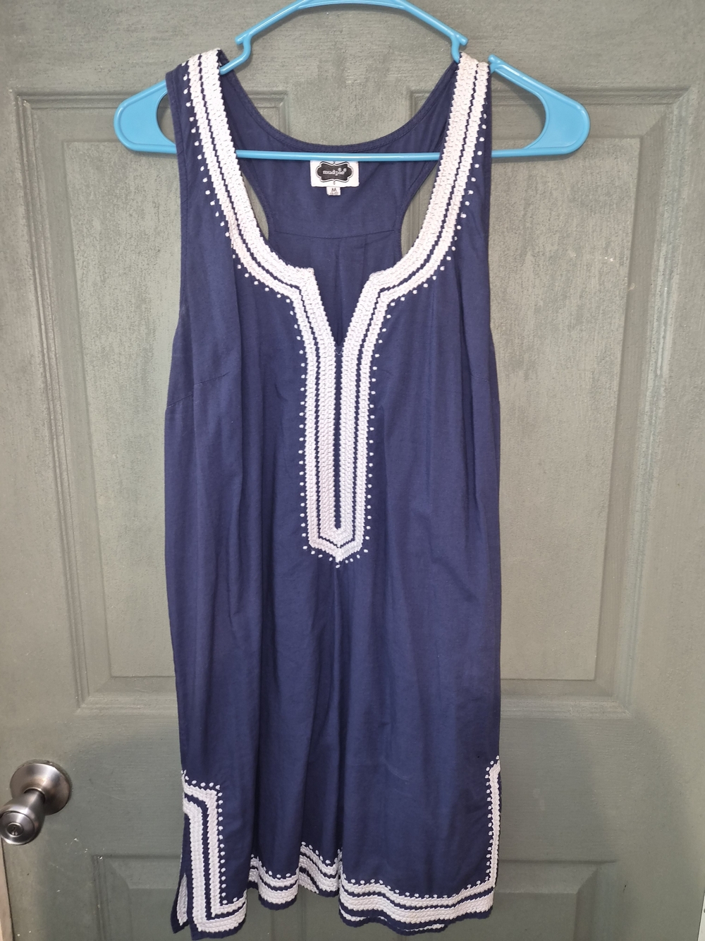 Navy Sleeveless Embroidered Tunic Dress with White Trim
